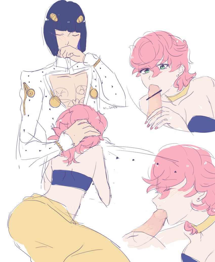 1boy 1boy1girl 1girls black_hair black_hair_male blowjob bruno_buccellati closed_eyes clothed clothed_female clothed_male female green_eyes green_eyes_female jojo's_bizarre_adventure ki_2442 male oral_sex penis pink_hair pink_hair_female straight trish_una vento_aureo