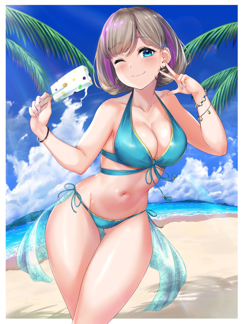 beach bikini blue_eyes large_breasts light_brown_hair love_live! love_live!_superstar!! popsicle rama_(yu-light8) short_hair smiling_at_viewer tang_keke thick_thighs wide_hips