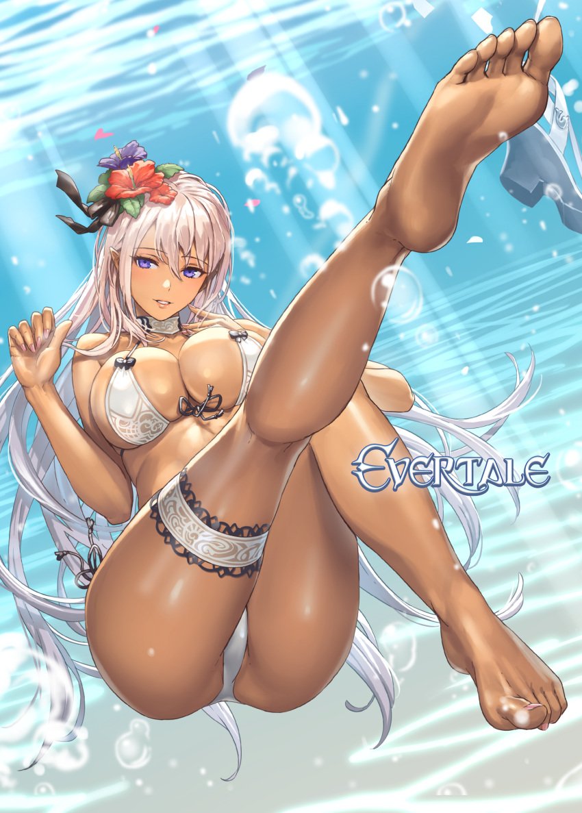 barefoot bikini breasts cleavage cuboon dark_skin elmina_(evertale) evertale feet female flower front-tie_top garter hair_flower hair_ornament high_resolution large_breasts lavender_hair long_hair looking_at_viewer navel parted_lips pointed_ears purple_eyes side-tie_bikini smile soles solo swimsuit underwater white_bikini white_swimsuit