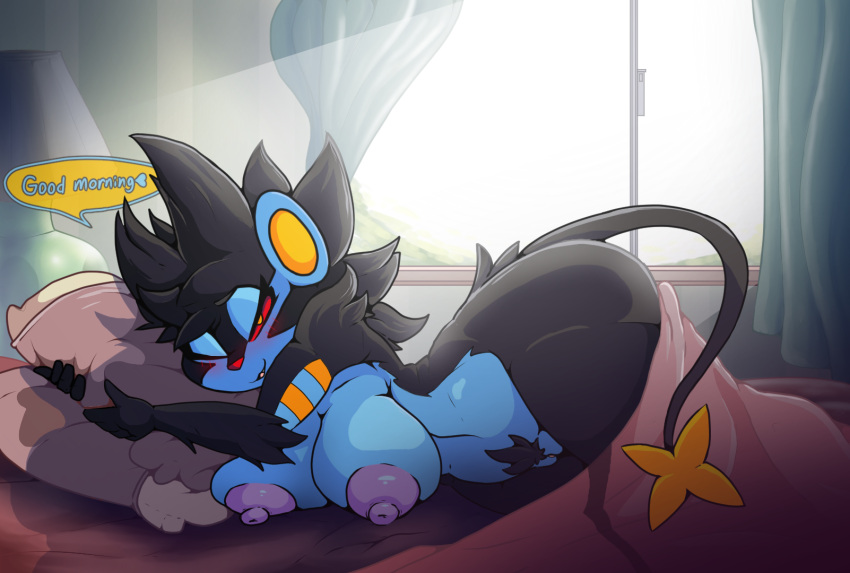 5_fingers anthro areola bed big_breasts blue_body blue_fur blush breasts dialogue female fingers fur furniture hi_res iguanasarecool looking_at_viewer luxray lying nintendo nipples pillow pillow_hug pok&eacute;mon_(species) pokemon pokemon_(species) pubes red_eyes text video_games wide_hips