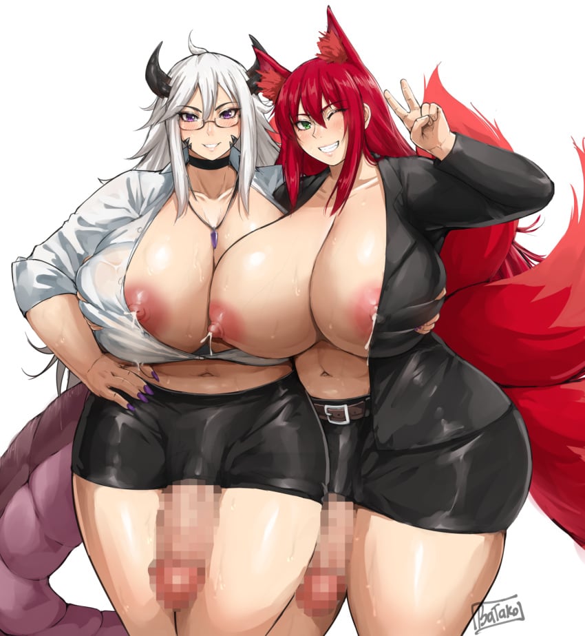 2futas animal_ears animal_humanoid areola_slip areolae batako big_breasts bottomwear breasts canid canid_humanoid canine canine_humanoid censored clothed clothing duo fox_girl fox_humanoid futa_only futanari genitals hi_res huge_breasts humanoid humanoid_penis intersex kemonomimi lactation light_skin mammal mammal_humanoid meabh_(bossu_red) mostly_clothed pale_skin pencil_skirt penis skirt standing thick_thighs v wide_hips