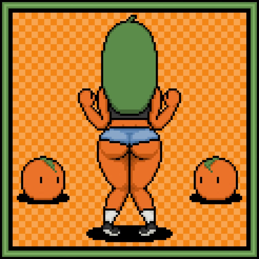 animated anthro food_creature fruit fruit_humanoid green_hair orange orange_skin orangejuicemann pixel_art poppy_(orangejuicemann)