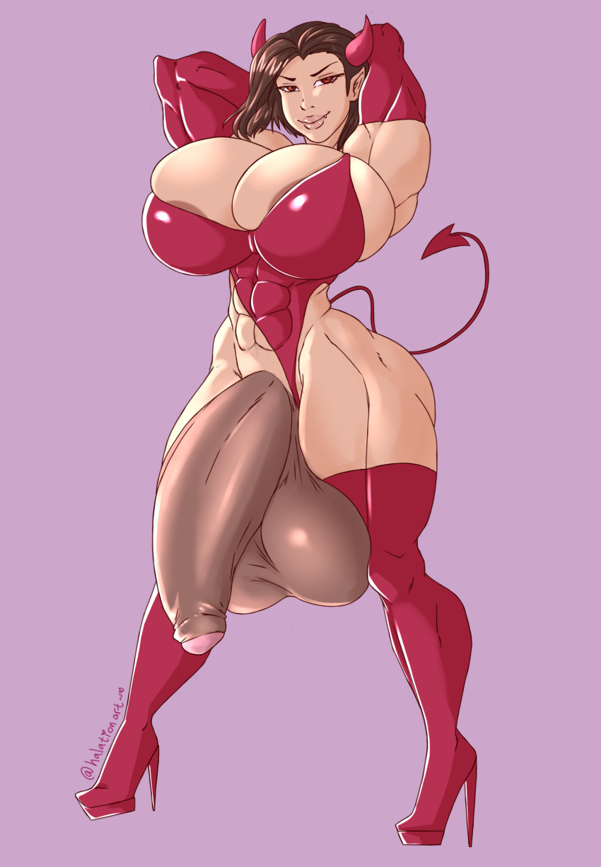 abs big_balls big_breasts big_penis buff devil_horns devil_tail dtiys futanari gloves halationart half-erect hanging_balls hanging_penis high_heel_boots high_heels horns hyper hyper_balls hyper_genitalia hyper_muscles hyper_penis looking_at_viewer muscular muscular_female muscular_futanari one_piece_suit peeking_nipple short_hair small_waist smirk thigh_boots thighhighs