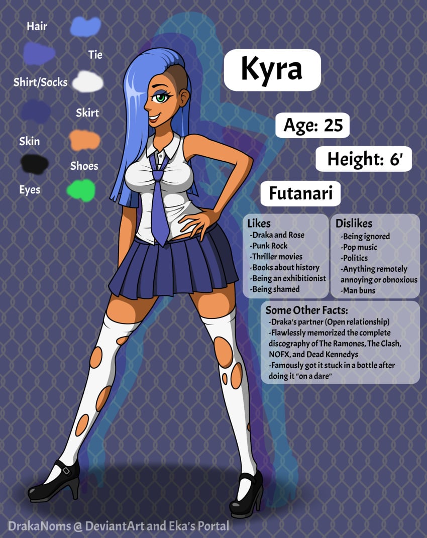 1futa 2018 bare_shoulders blue_hair character_sheet clothed clothing drakanoms february fully_clothed futa_only futanari hair_between_eyes hand_on_hip human kyra original_character shaved_side solo standing tan torn_clothes torn_legwear torn_thighhighs