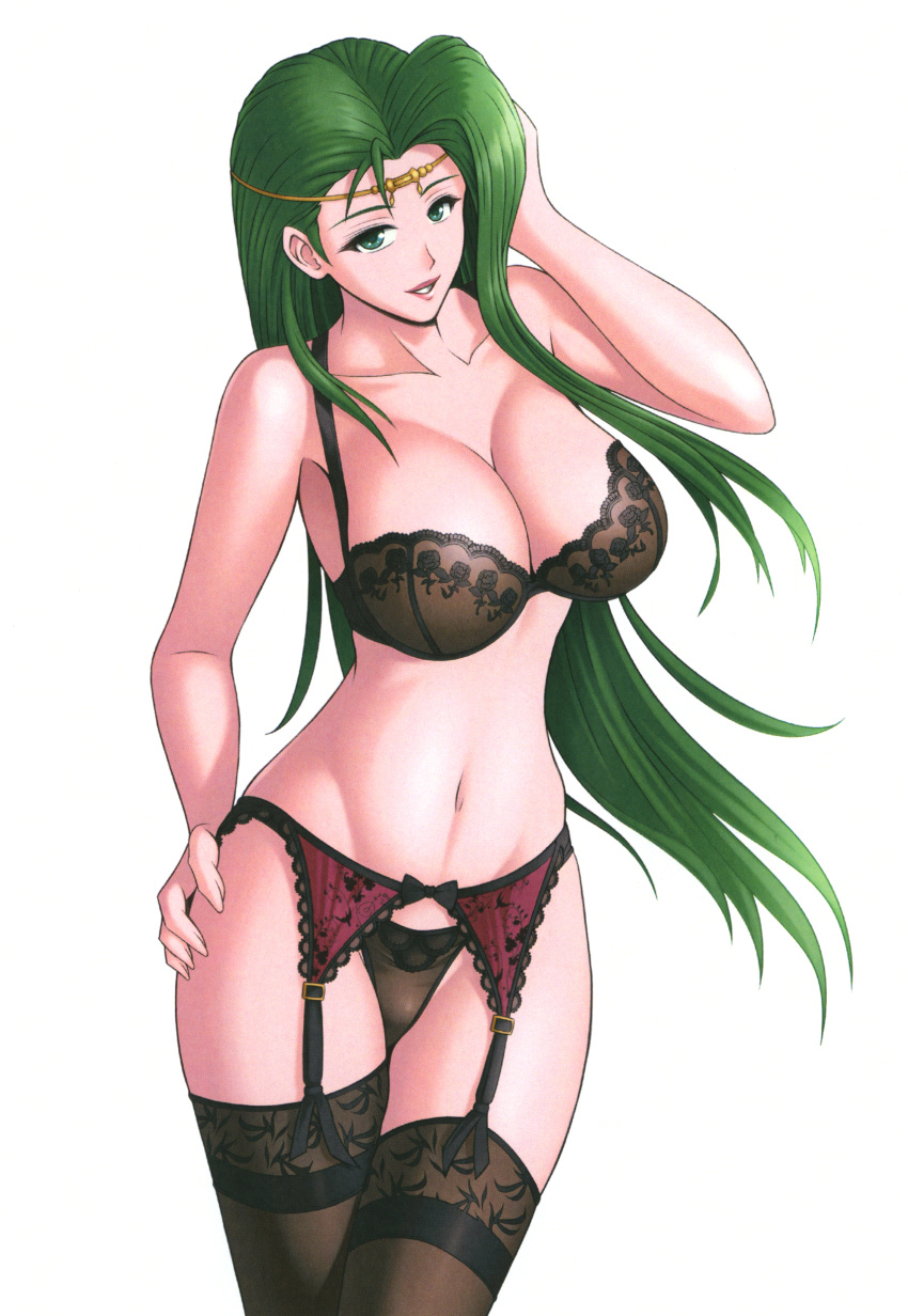 1girls annand_(fire_emblem) black_panties blue_eyes bra breasts cleavage female female_only fire_emblem fire_emblem:_genealogy_of_the_holy_war green_eyes green_hair large_breasts lingerie long_hair looking_at_viewer mature_female nintendo nipples panties pinup purple_hair rakusai_(saisai_garou) smile solo solo_female source_request underwear