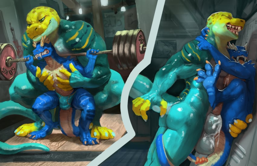 against_wall anal anal_sex anthro arms_around_neck balls balls_outline barbell biceps big_balls big_dom_small_sub big_penis blue_body blue_scales bodily_fluids bulge closed_eyes clothing collared_lizard crouching cum cum_in_ass cum_inside cum_on_balls cum_on_chest cum_on_penis deltoids duo ejaculation exercise genital_fluids genital_outline genitals green_eyes grin gym hamstrings hand_on_chest hands-free huge_cock hybrid imminent_sex killioma larger_anthro larger_male larger_on_top lizard locker locker_room male male/male male_penetrated male_penetrating male_penetrating_male monroe_lehner muscular muscular_male one_eye_closed open_mouth paws penetration penis penis_outline pit_viper rattle_(anatomy) rattlesnake reptile scales scalie sharp_teeth size_difference smaller_male smile snake spotting squats striker striker_(rm98) sweat teeth thick_penis triceps two_panel_image underwear vein veiny_muscles veiny_penis weightlifting weights wink workout yellow_body yellow_scales