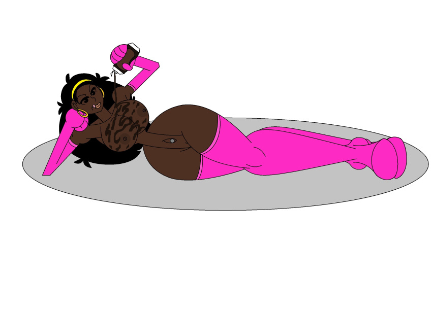 belly_button_piercing big_breasts big_hips bow cartoony chocolate_on_breasts chocolate_syrup dark-skinned_female earrings elbow_gloves food_fetish food_play high_heel_boots licking_lips lying_on_ground marlon64 naked_boots naked_female naked_gloves nude_female shady_hotther smile