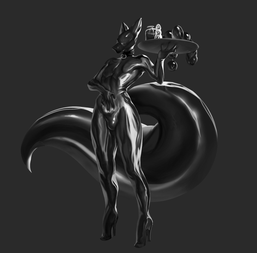 ambiguous_gender anthro bodysuit bulge buttplug canid canine clothing collar fox genital_outline hi_res high_heels latex_clothing latex_skin male mammal penis_outline piratefoxbox rubber rubber_suit sex_toy skinsuit slave solo tight_clothing