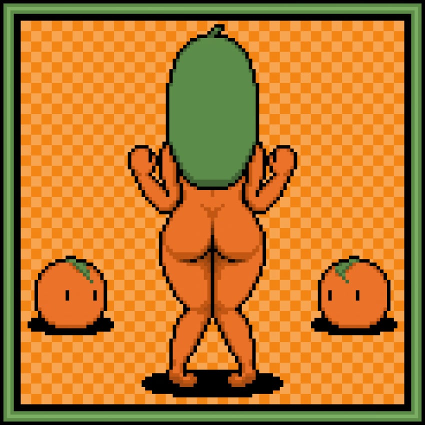 animated anthro ass food_creature fruit fruit_humanoid green_hair orange orange_skin orangejuicemann pixel_art poppy_(orangejuicemann)