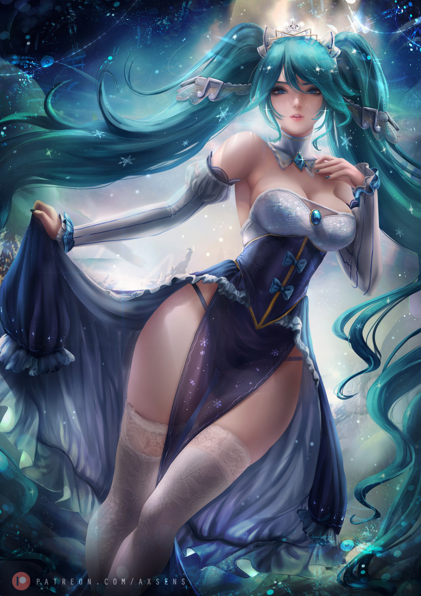 1girls axsens bare_shoulders big_breasts blue_eyes blue_hair breasts cleavage clothed clothing detached_sleeves dress dress_lift female female_focus female_only flowing_hair fully_clothed hips large_breasts league_of_legends long_hair long_twintails nail_polish nails sleeves solo solo_female solo_focus sona_buvelle stockings thighs tiara twintails underwear very_long_hair very_long_twintails