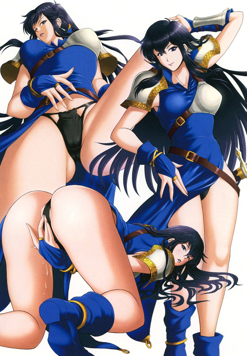 1girls ayra_(fire_emblem) belt black_hair blue_eyes dress dress_lift female female_only fingerless_gloves fire_emblem fire_emblem:_genealogy_of_the_holy_war gloves long_hair looking_at_viewer masturbation nintendo panties pantyshot pinup ponytail pussy_juice rakusai_(saisai_garou) rubbing rubbing_pussy solo solo_female underwear