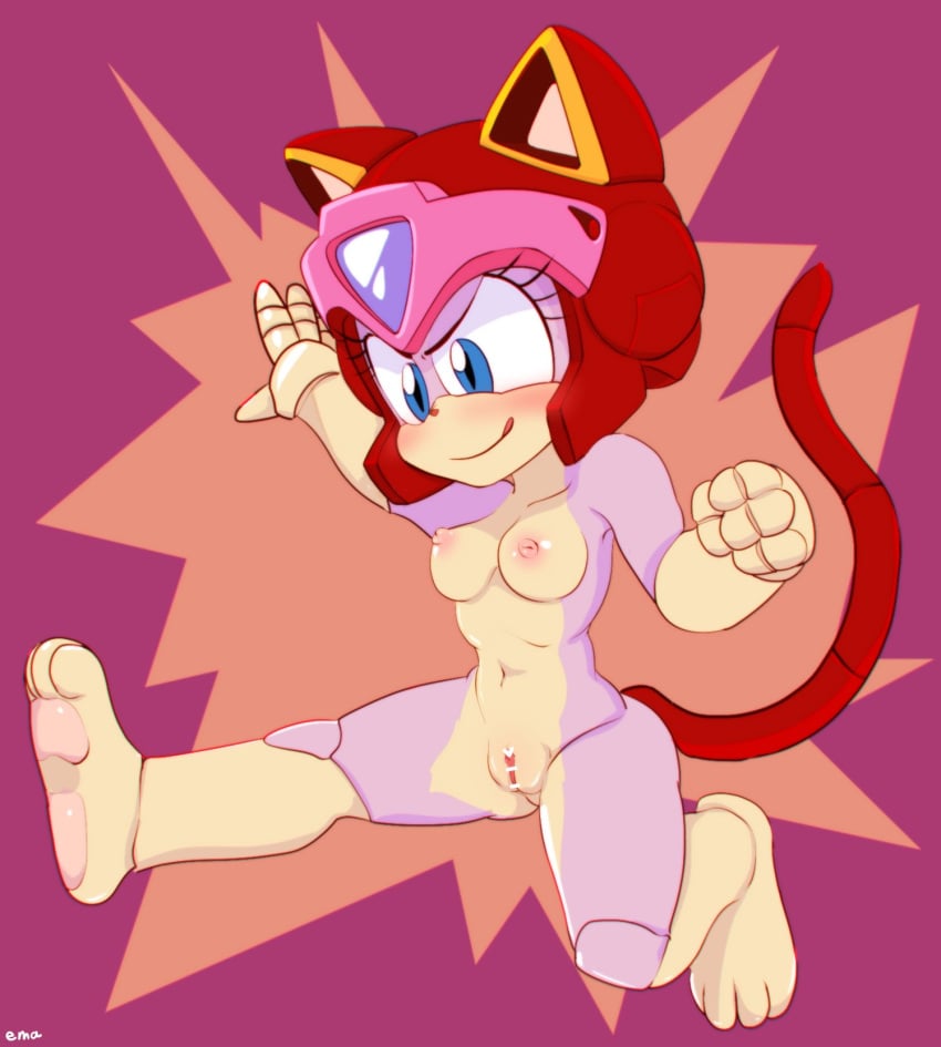 1girls 2021 anthro armor blue_eyes breasts curvaceous domestic_cat ema_npr felid feline felis female fur furry genitals headgear headgear_only helmet helmet_only hi_res jumping kemono mammal mostly_nude nipples pink_fur polly_esther pussy samurai_pizza_cats solo tail tongue tongue_out