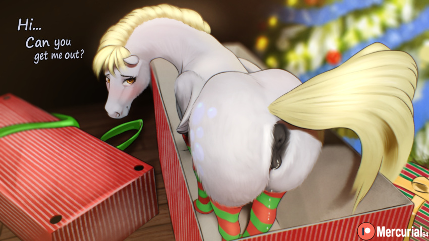 1girls animal_genitalia animal_pussy anus ass blush bodily_fluids butt christmas christmas_tree clothing conditional_dnp derpy_hooves dialogue digital_media_(artwork) english_text equid equine equine_pussy eyebrows eyelashes female female_only feral friendship_is_magic furry genital_fluids genitals hasbro hi_res holidays legwear looking_at_viewer mammal mercurial64 my_little_pony pattern_clothing pattern_legwear pegasus plant pussy smile solo striped_clothing striped_legwear stripes text tree underwear wings