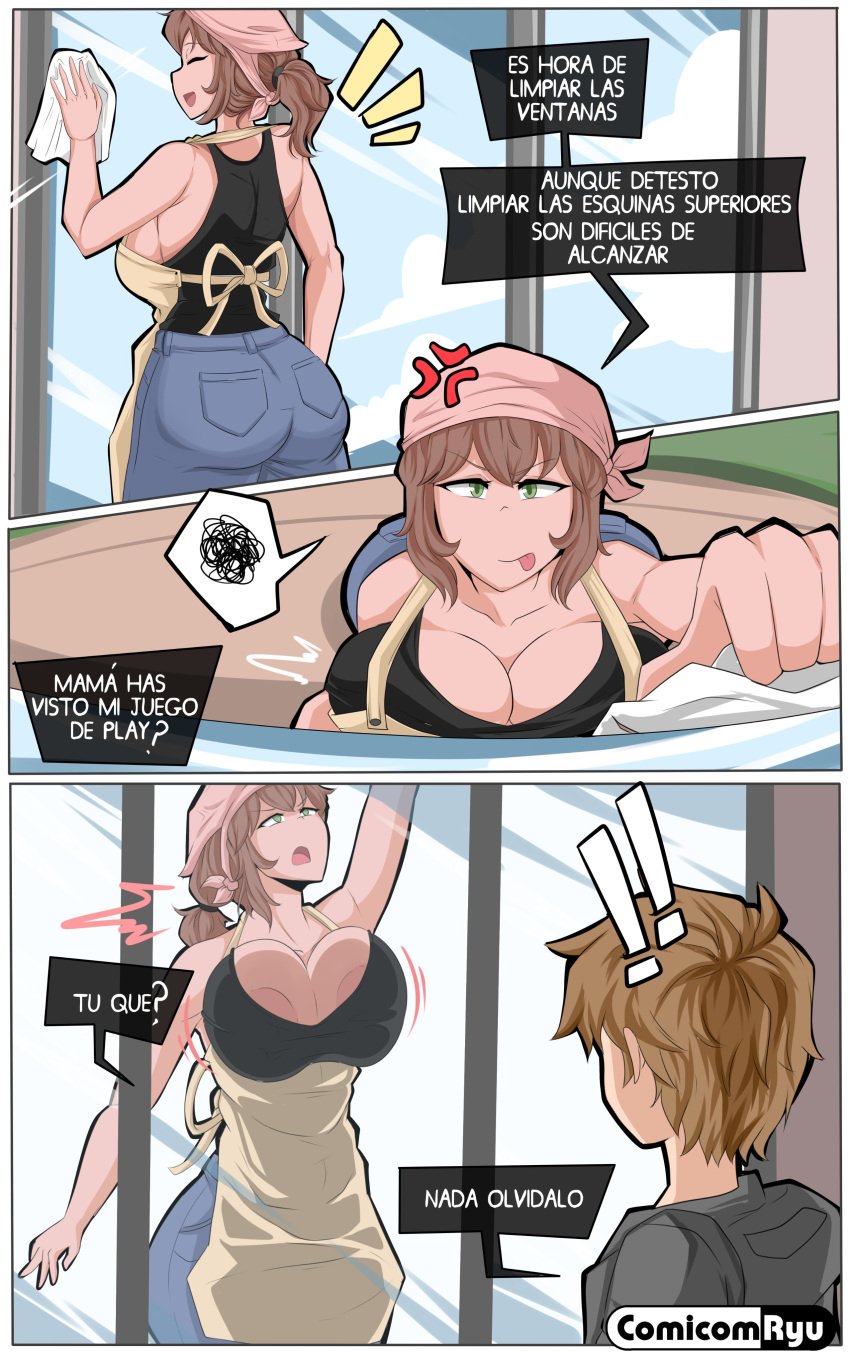 1boy 1girls against_glass apron areola_slip areolae bandana breasts breasts_on_glass brown_hair cleaning cleavage closed_eyes clothed comic comicomryu delicia_(comicomryu) dialogue female female_focus green_eyes incest large_breasts male milf mother_and_son preteen_boy_mature_female ryumxr smile solo_focus spanish_text speech_bubble tank_top text tongue_out toretto_(comicomryu) translated very_younger_male