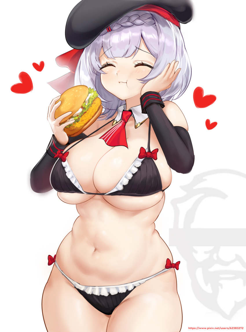 a_zhilaohu bangs beret bikini black_bikini black_headwear blush braid braided_bangs breasts burger chubby chubby_female closed_eyes colonel_sanders detached_collar detached_sleeves eating female food frilled_bikini frills genshin_impact grey_hair hamburger hat heart highres kfc large_breasts navel noelle_(genshin_impact) noelle_(kfc)_(genshin_impact) plump sandwich short_hair smile swimsuit thighs watermark web_address