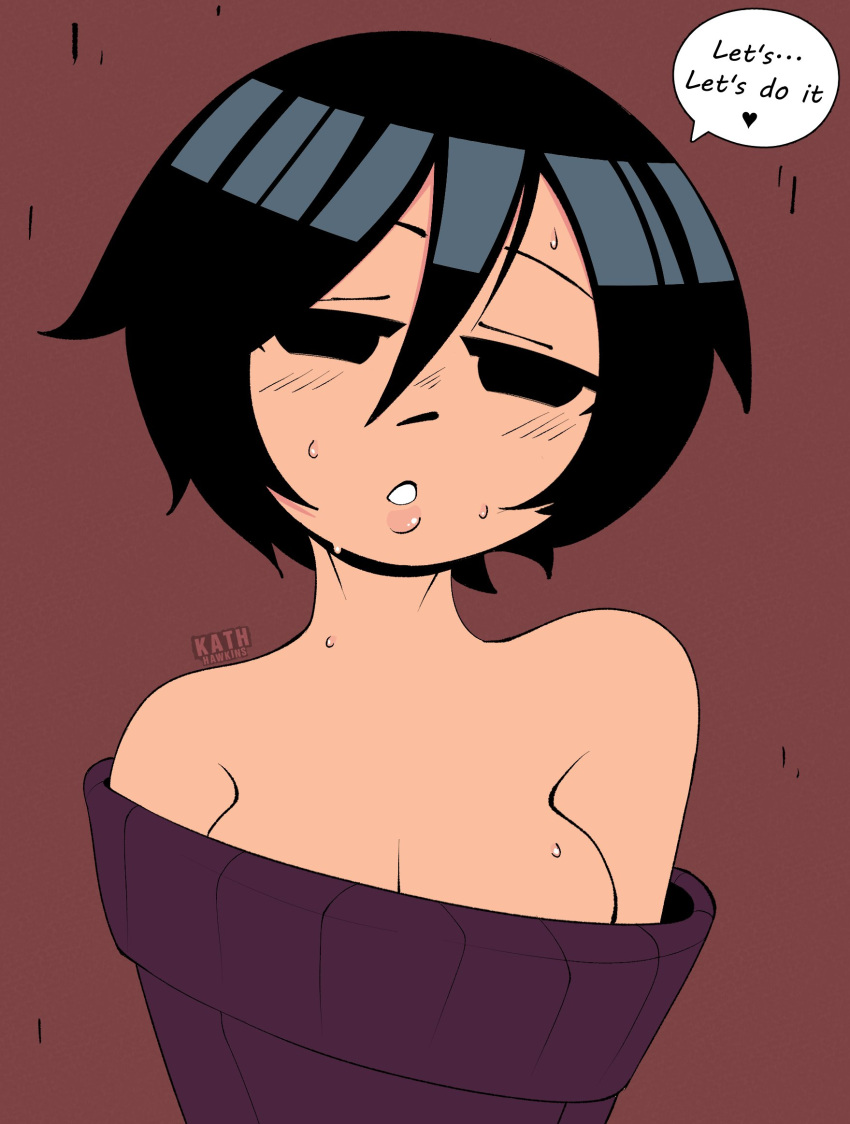 1girls asian bare_shoulders black_eyes black_hair bob_cut breasts cleavage clothed female female_only heart inviting_to_sex kath_hawkins knives_chau large_breasts looking_at_viewer mob_face scott_pilgrim short_black_hair short_hair solo speech_bubble sweat teenager text