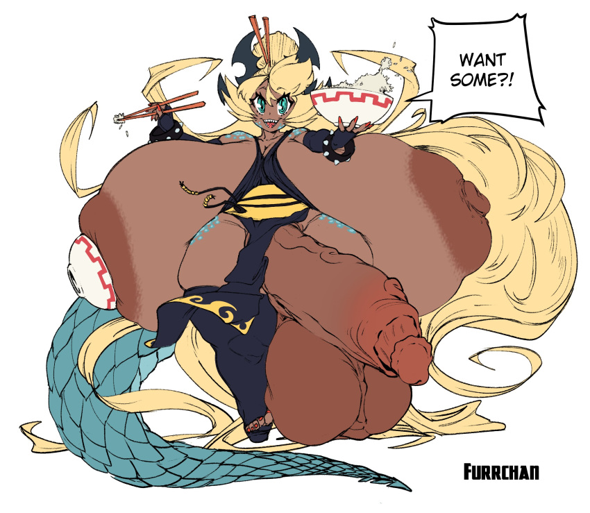 1futa alternate_version_at_source animal_humanoid areola armband armwear balls big_balls big_breasts big_penis blonde_hair blue_eyes bottomwear bowl breasts chopsticks chopsticks_in_hair clothed clothing curvy_figure dark_body dark_skin digital_media_(artwork) dragon dragon_humanoid elbow_gloves english_text feet fingers food furrchan futanari genitals gloves gynomorph hair handwear hi_res huge_balls huge_breasts huge_cock humanoid humanoid_genitalia humanoid_penis hyper hyper_genitalia hyper_penis intersex legwear loincloth long_hair looking_at_viewer nipples not_furry offering_food open_mouth penis rice scalie shortstack simple_background smile solo spiked_armband spikes standing text thick_thighs thigh_highs voluptuous wide_hips