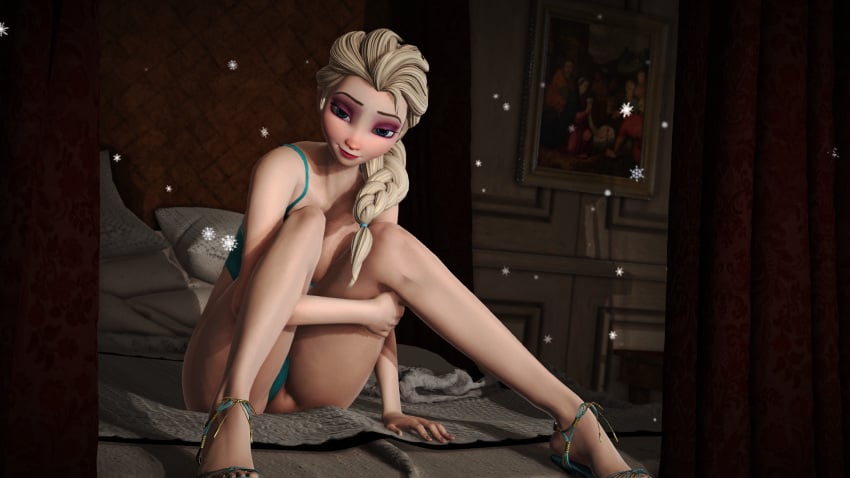 disney elsa_(frozen) female frozen_(film) high_heels serif40 sitting_on_bed snow