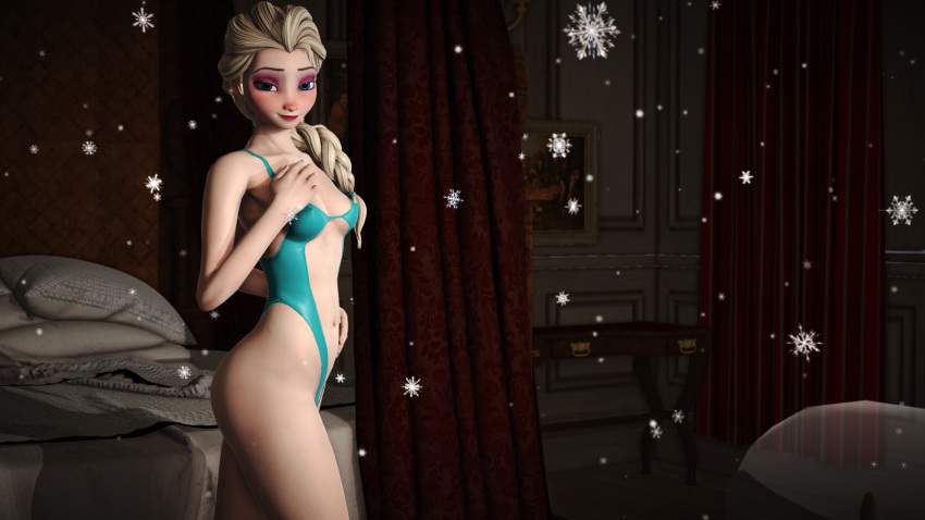 disney elsa_(frozen) female frozen_(film) nipple_bulge pokies posing serif40 snow standing