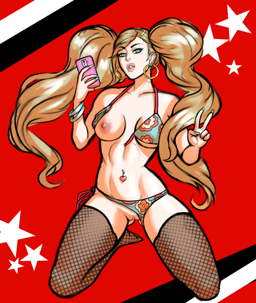 1girls ann_takamaki areolae bikini blue_nails breasts fishnet_stockings fishnets functionally_nude hoop_earrings kneeling long_hair nail_polish navel_piercing nipples panties_aside persona persona_5 pussy rhydwyn selfie thighhighs twintails