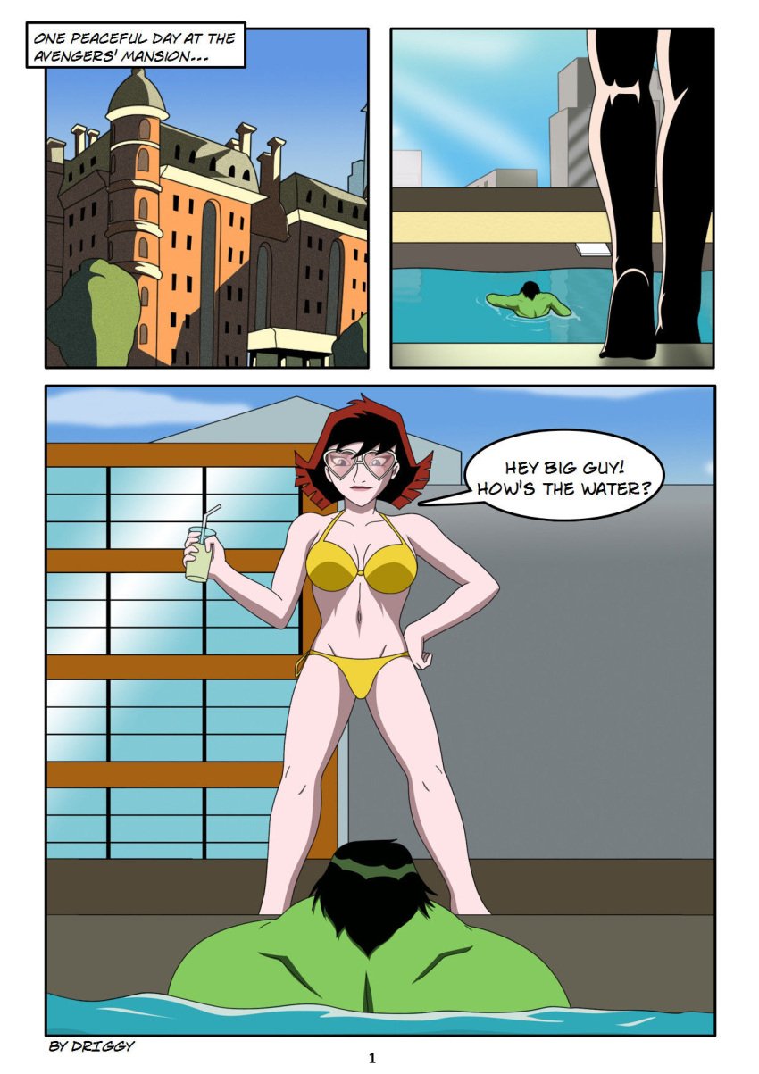 1boy 1girls avengers bikini comic comic_page dialogue dr_iggy english_text female heart_glasses hulk janet_van_dyne male marvel marvel_comics mostly_nude page_1 page_number pool speech_bubble standing sunglasses swimming_pool the_avengers:_earth's_mightiest_heroes wasp_(earth's_mightiest_heroes) yellow_bikini