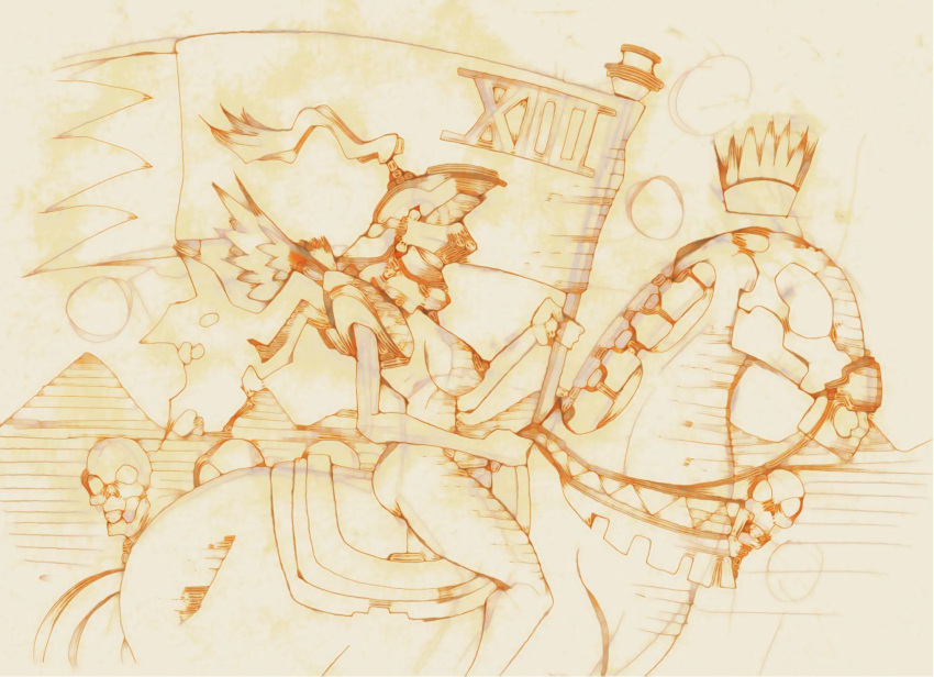 1girls banner breasts chariot crown curvy curvy_female female flag helmet horse horse_riding human humanoid knight large_breasts long_hair monochrome nipples riding_horse roman_numerals roninsong sepia sketch