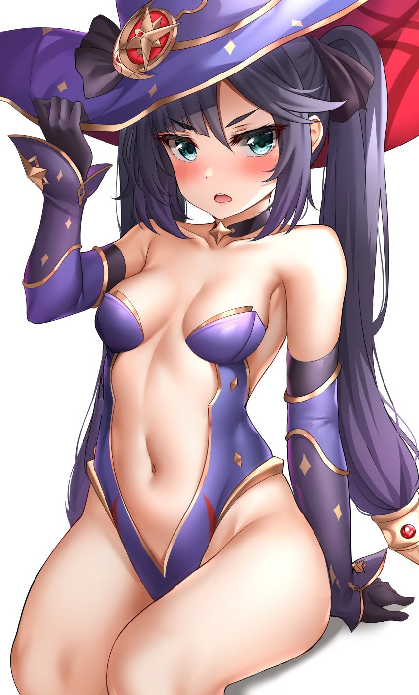 1girls bangs bare_legs bare_shoulders belly black_choker black_gloves black_hair blue_eyes blush breasts center_opening choker clavicle detached_sleeves elbow_gloves female female_only genshin_impact gloves gold_trim groin hair hair_ornament hand_on_headwear hand_up hat high_resolution highleg highleg_leotard hips legs leotard linea_alba long_hair long_sleeves looking_at_viewer medium_breasts mona_(genshin_impact) navel open_mouth plain_background purple_headwear purple_leotard revealing_clothes shiny_eyes sidelocks simple_background sitting slender_waist small_breasts solo stomach strapless strapless_leotard sunhyun thighs thin_waist tied_hair twintails v-shaped_eyebrows very_high_resolution very_long_hair white_background witch_hat