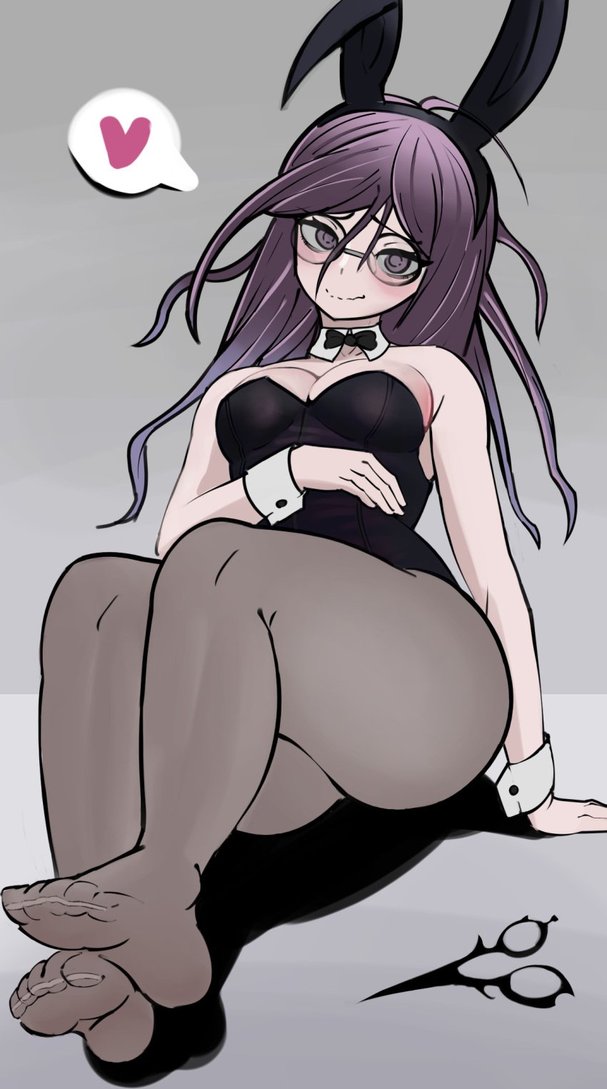 1girls blush bunny_ears bunnysuit collar cuffs danganronpa danganronpa:_trigger_happy_havoc feet fukawa_touko glasses headband heart long_hair looking_at_viewer pantyhose purple_hair ribbon ribbon_choker simple_background sitting smile soles speech_bubble straight_hair thick_thighs thighs trizzz