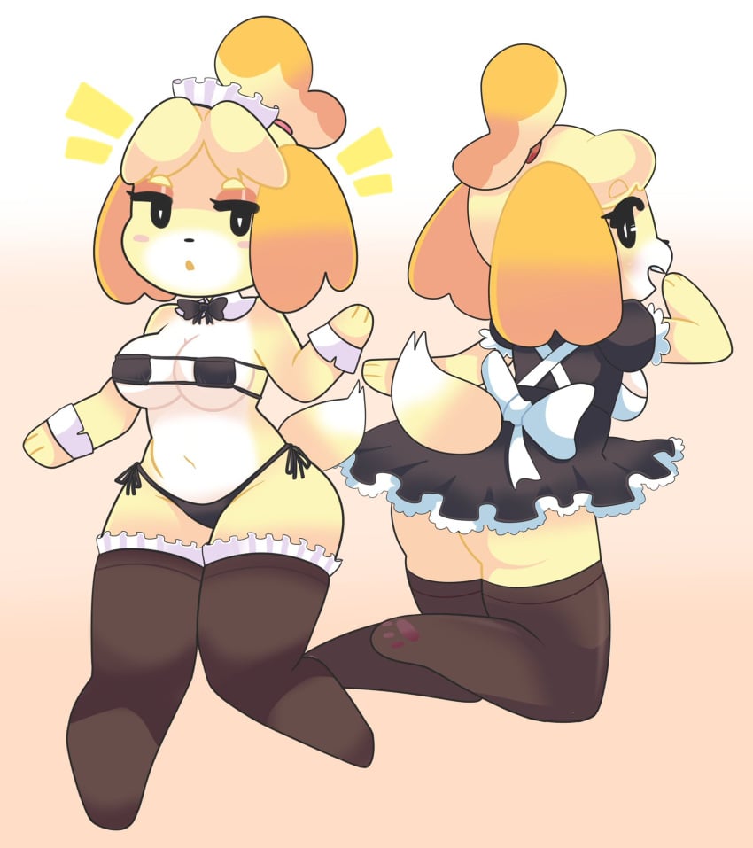 animal_crossing ass big_breasts breasts isabelle_(animal_crossing) maid nintendo onigiri_punch paws soft_breasts thick_thighs thighhighs thighs underwear wide_hips