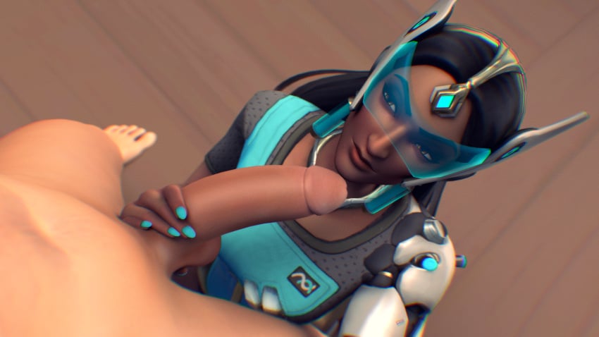 1girls 3d big_penis black_hair blizzard_entertainment blue-tinted_eyewear breasts dark-skinned_female dark_hair dark_skin female female_focus handjob indian interracial light-skinned_male long_hair looking_at_another looking_up overwatch penis source_filmmaker symmetra tinted_eyewear tom123 unseen_male_face video_games visor