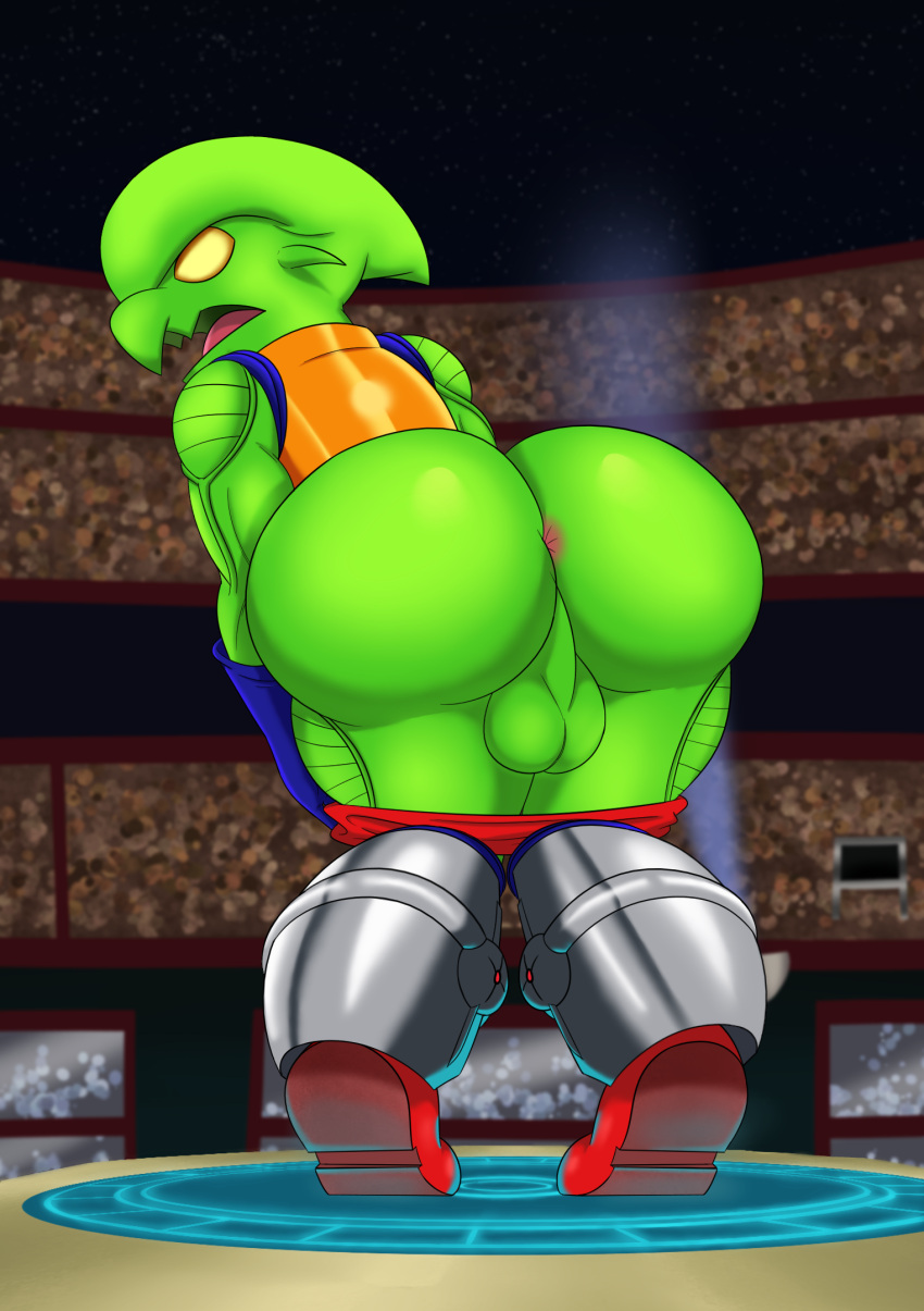 alien anus ass backsack balls clothed clothing f-zero footwear genitals gloves green_body handwear hi_res kiffy_(artist) male male_only mooning nintendo pico_(f-zero) presenting presenting_hindquarters shoes video_games yellow_eyes