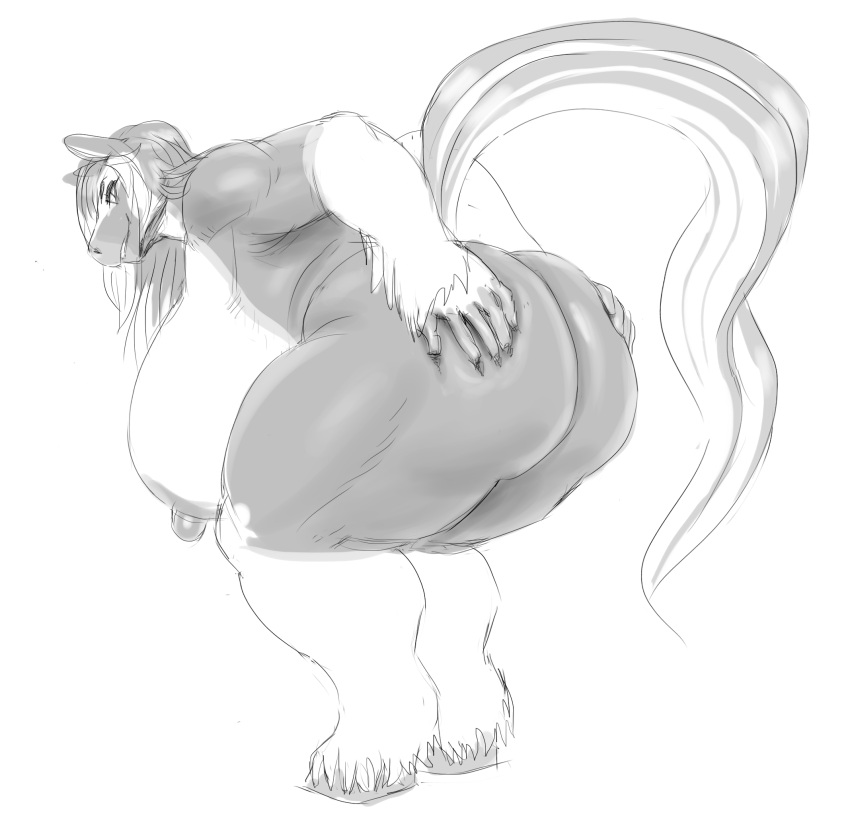 2021 anthro ass bent_over big_ass big_breasts big_butt breasts equid equine erect_nipples female hair hand_on_butt highres holding_butt hooves horse huge_ass huge_breasts huge_butt hyper_bimbo long_tail looking_at_viewer mammal monochrome nipples nude patacon simple_shading smile thick_thighs two_tone_fur two_tone_tail white_background