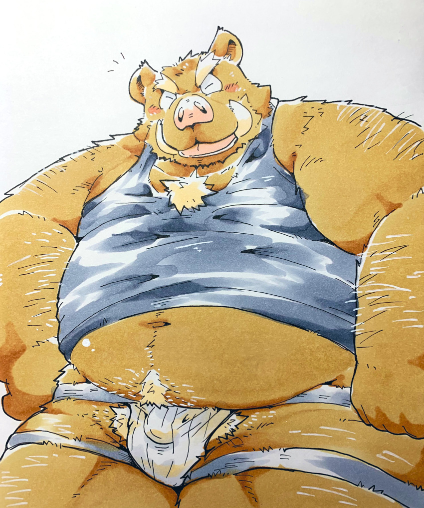 2022 absurdres anthro belly blush brown_body bulge closed_eyes furry highres jockstrap kemono male mammal navel overweight overweight_male shirt simple_background solo suid suina suishou0602 sus_(pig) topwear underwear wild_boar