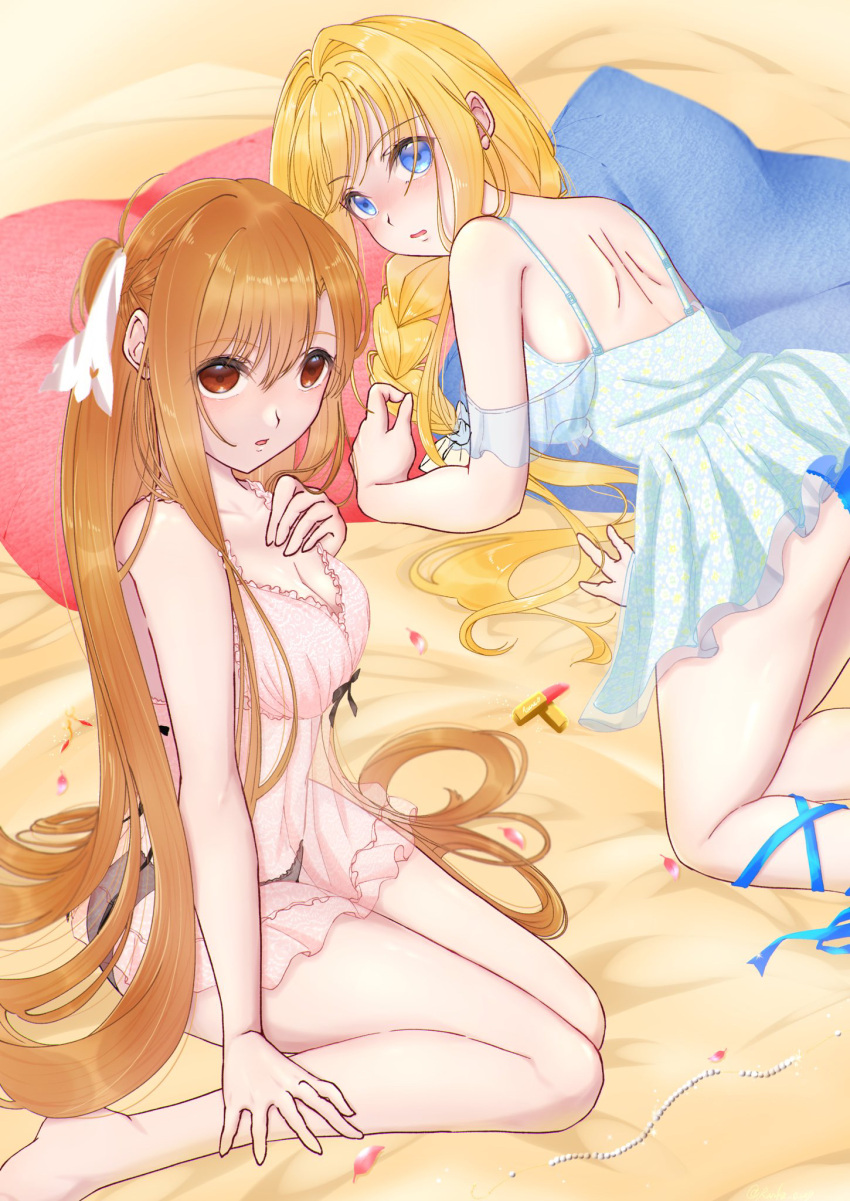 alice_schuberg babydoll black_panties blonde_hair blue_eyes blue_panties blush brown_eyes brown_hair goddess_stacia lingerie lipstick looking_at_viewer orange_hair see-through_clothing stacia_(sword_art_online) sword_art_online sword_art_online_alicization yuuki_asuna