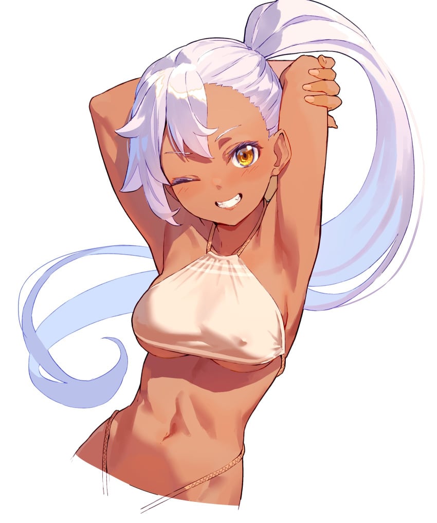 1girls ;) breasts brown_eyes dark-skinned_female dark_skin female female female_focus female_only kinta_(distortion) long_ponytail looking_at_viewer navel nipple_bulge one_eye_closed ponytail smile tagme tan tan_skin underboob white_hair