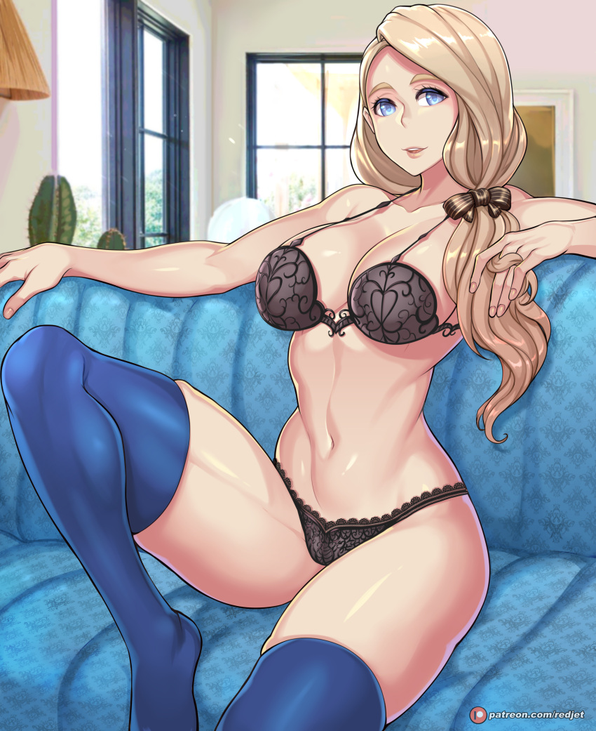 1girls big_breasts black_panties blonde_hair blue_eyes blue_hair bra cleavage couch female fire_emblem fire_emblem:_three_houses high_resolution highres indoors large_breasts lingerie long_hair mercedes_von_martritz nintendo nipples open_mouth open_smile panties patreon patreon_reward playing_with_hair playing_with_own_hair redjet side_ponytail sitting smile solo solo_female thick_thighs thighhighs