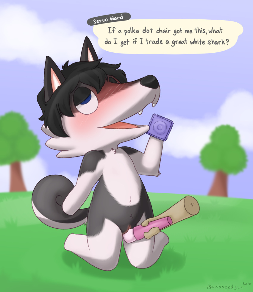 ambiguous_gender animal_crossing anthro canid canine canis character_request condom disembodied_hand duo female female/ambiguous genitals hi_res mammal nintendo no_breasts nude original original_character public pussy sex_toy sexual_barrier_device solo_focus unboxyguy video_games wand wolf