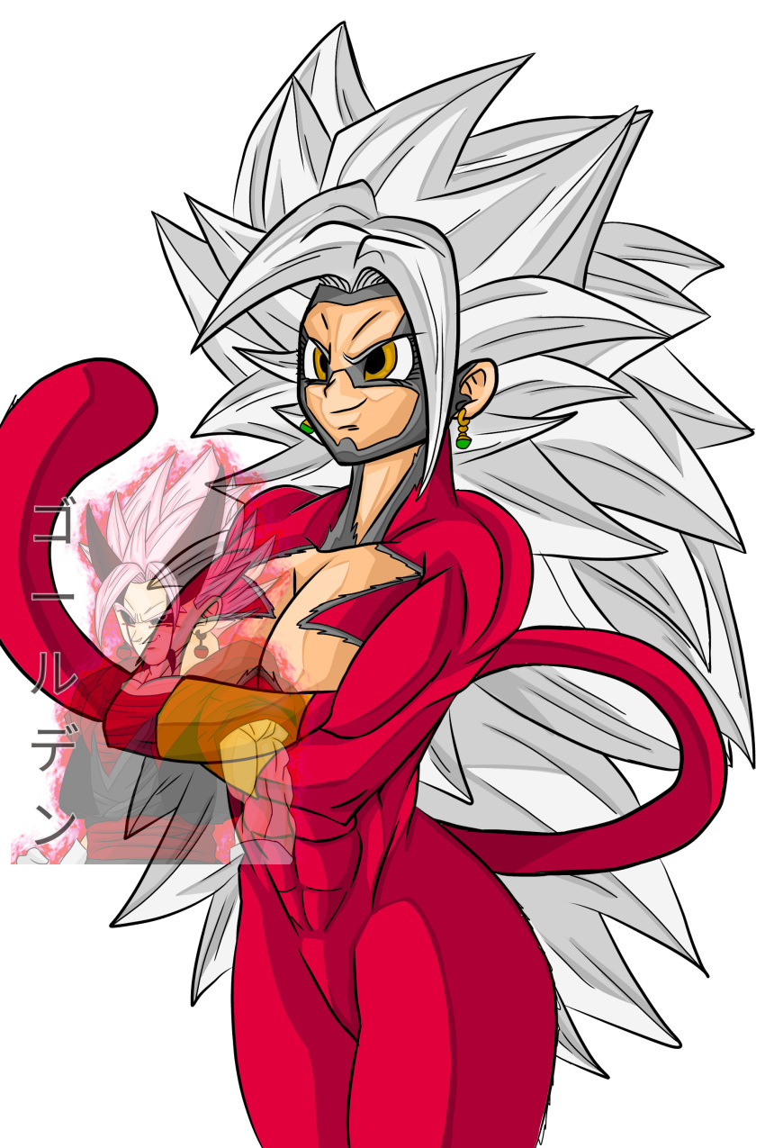 1girl 1girls abs black_body breasts dragon_ball dragon_ball_af dragon_ball_super earrings female female_only fusion kefla long_hair no_eyewear potara_earrings potara_fusion red_body smile super_saiyan_4 super_saiyan_5 super_saiyan_omega tagme tail white_hair yellow_eyes