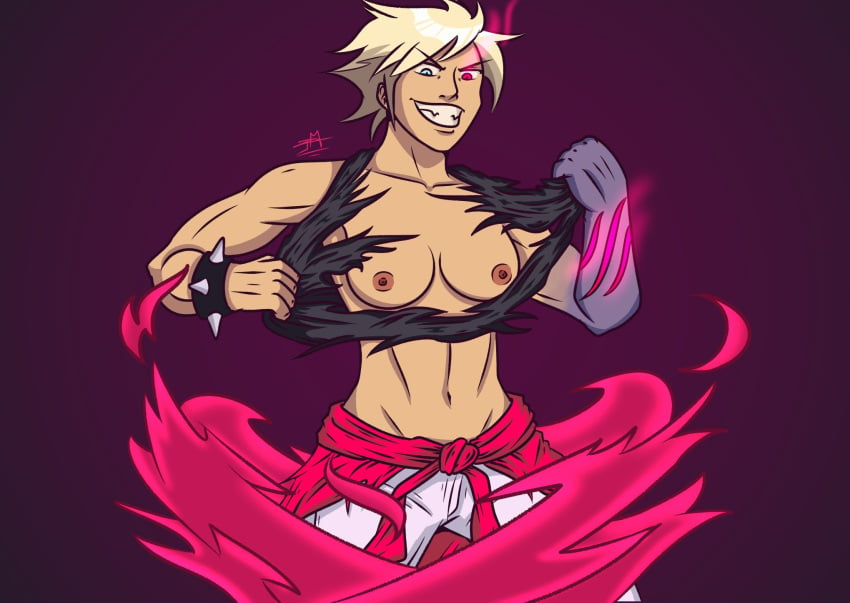 blonde_hair brawlhalla breasts collarbone heterochromia mugen_(artist) muscular_female navel petra_(brawlhalla) sharp_teeth solo solo_female spiked_bracelet tagme tearing_clothes