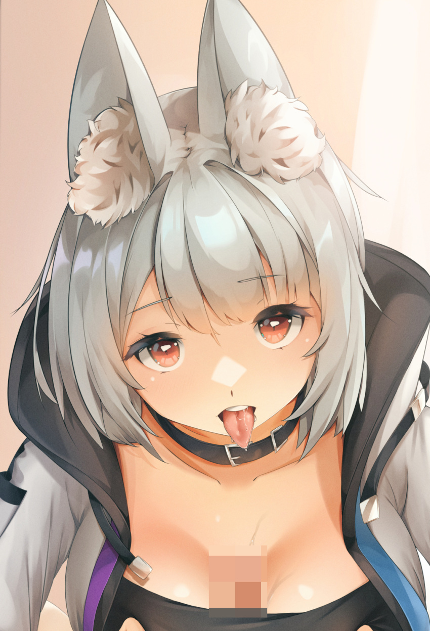 animal_collar animal_ear_fluff animal_ears breast_squeeze breasts censored cleavage collar commission deep_skin female grayfox highres large_breasts looking_at_viewer mosaic_censoring original paizuri paizuri_under_clothes popped_collar pov red_eyes saliva silver_hair strapless tongue tongue_out tubetop