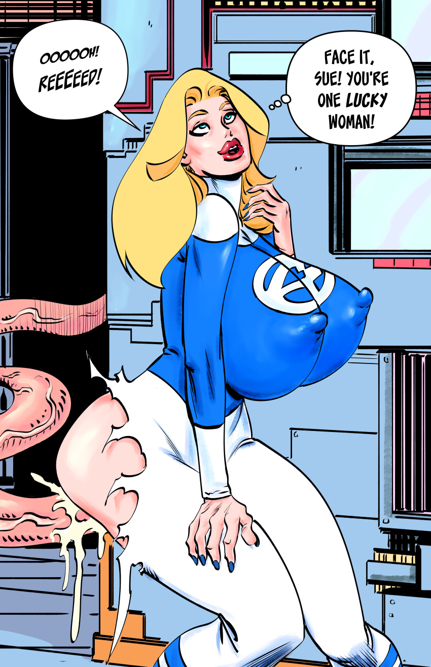 1girls blonde blonde_hair blue_eyes clothed_sex clothing colored cum curvy dialogue elastic erect_nipples erect_nipples_under_clothes exposed_ass fantastic_four female female_focus hi_res huge_breasts indoors invisible_woman large_lips light-skinned_female lipstick looking_pleasured male marvel milf mr_fantastic nipples older_female onesheeparmy out_of_frame penetration penis reed_richards speech_bubble straight stretchy_penis sue_storm superheroine torn_clothes uniform unseen_male_face