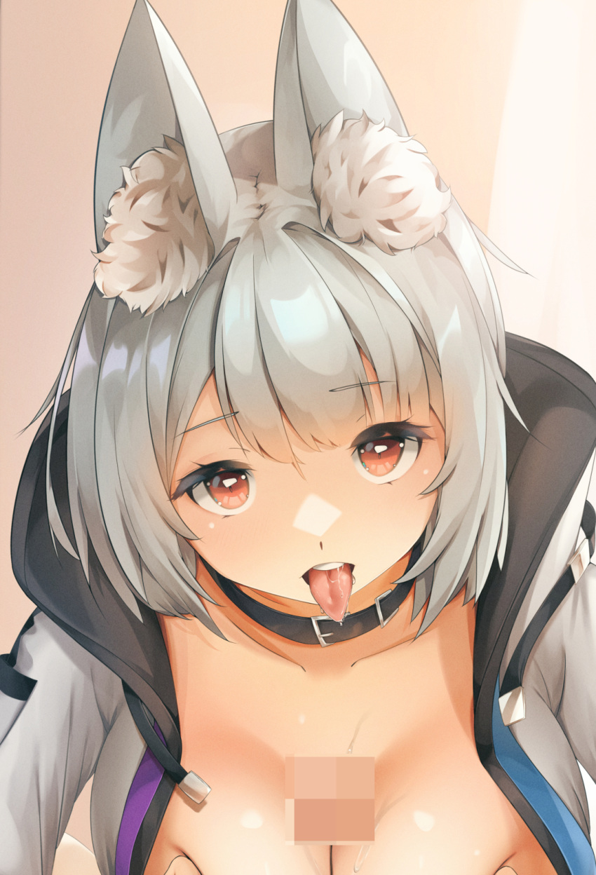 animal_collar animal_ear_fluff animal_ears breast_squeeze breasts censored cleavage collar commission deep_skin female grayfox highres large_breasts looking_at_viewer mosaic_censoring no_bra original paizuri popped_collar pov red_eyes saliva silver_hair sweat tongue tongue_out