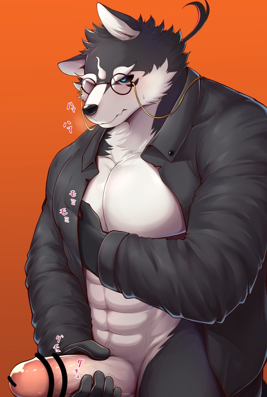 abs absurd_res anthro canid canine canis domestic_dog erection eyewear genitals glasses hayatohalada hi_res japanese_text male male_only mammal masanori_(tokyo_afterschool_summoners) muscular muscular_anthro muscular_male nipple_fetish nipple_play pecs penis simple_background solo sound_effects text tokyo_afterschool_summoners video_games