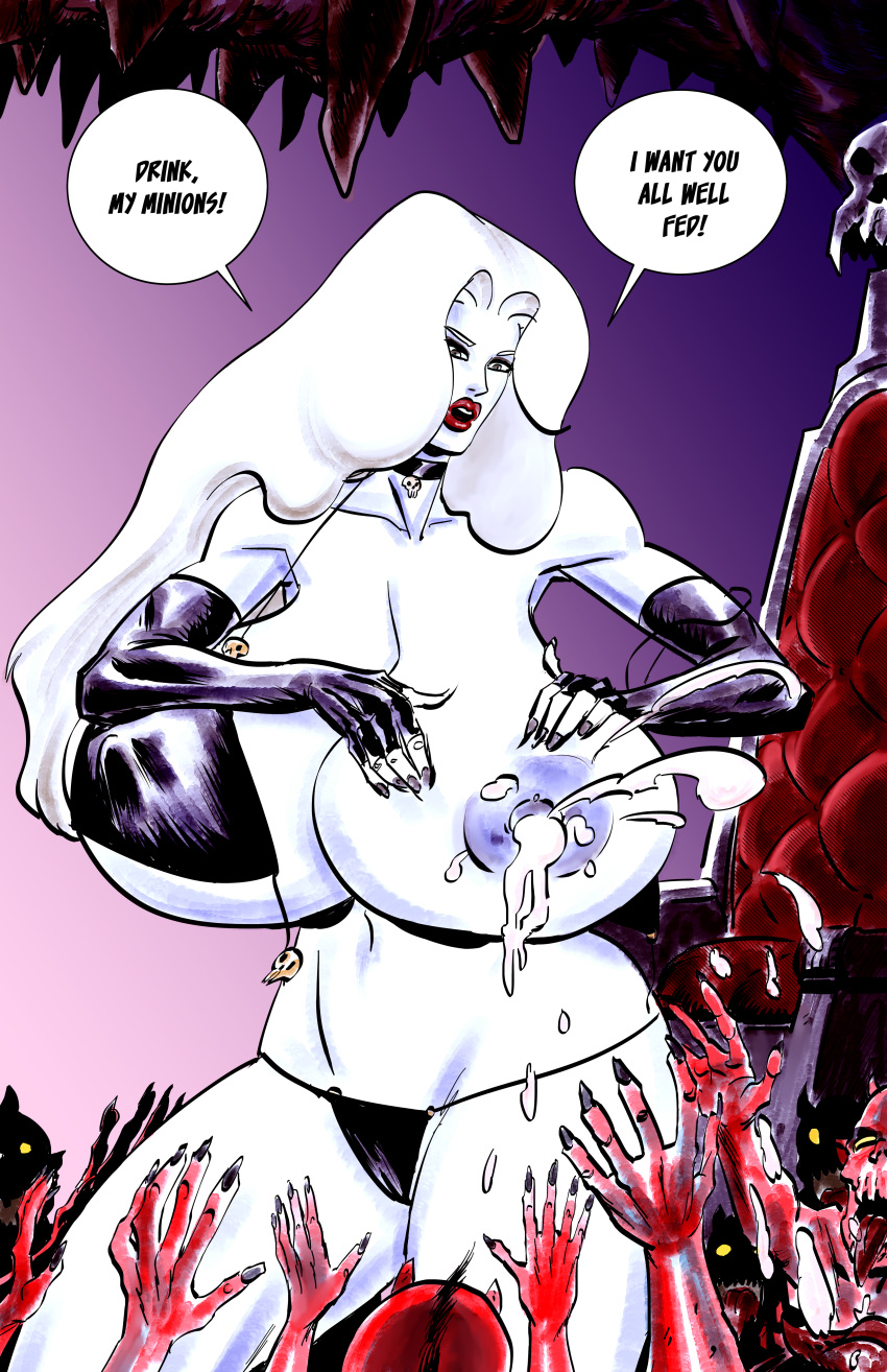 bikini breast_milk breasts chaos_comics colored curvy demons devils faceless female hell hi_res huge_breasts lactating lactation lady_death multiple_boys nipples one_breast_out onesheeparmy white_hair white_skin