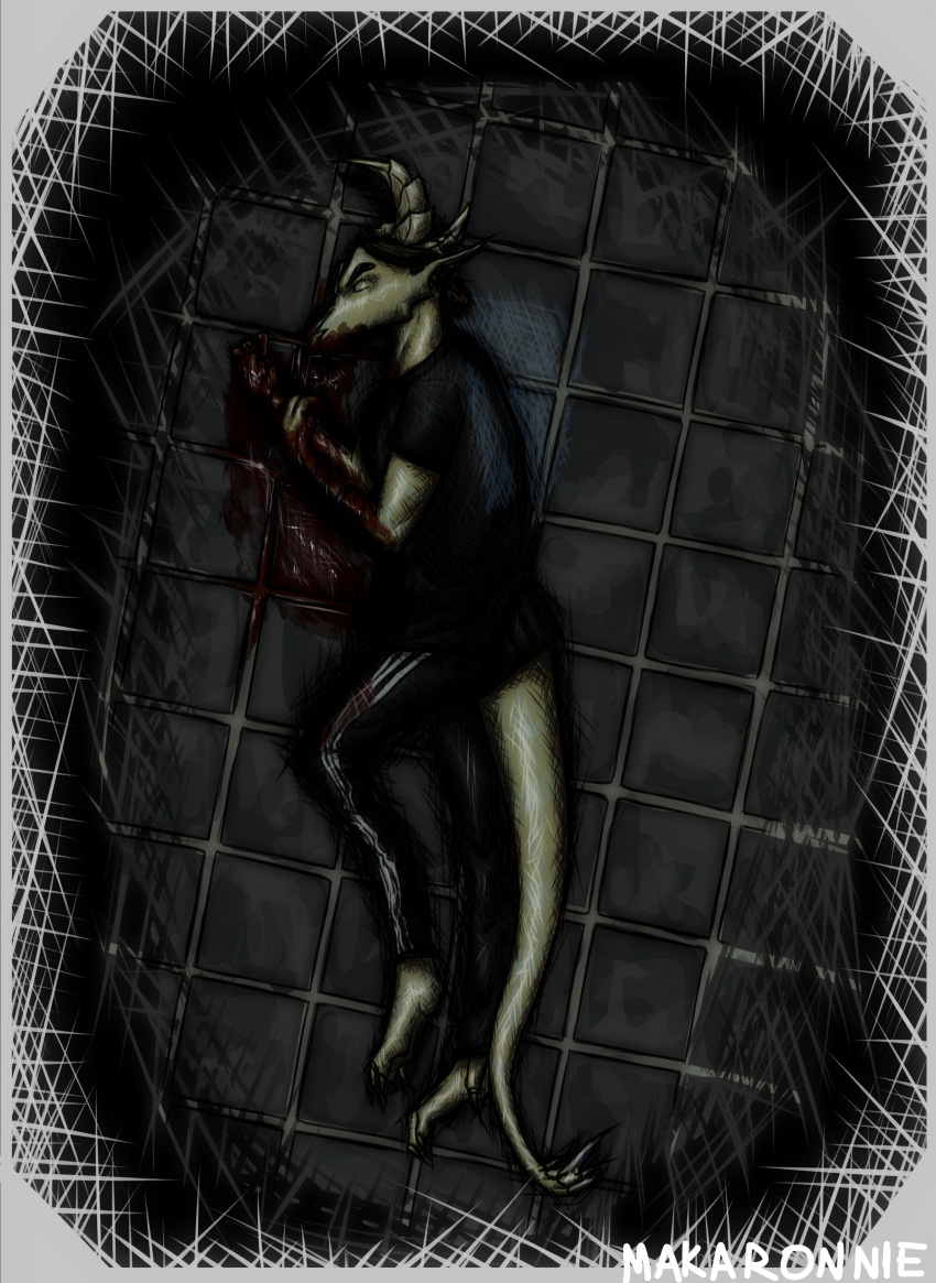 absurd_res anthro bjorn_(makaronnie) black_bottomwear black_clothing black_pants black_shirt black_topwear blood bodily_fluids border bottomwear broken_horn brown_hair closed_eyes clothing cross-hatching dark dragon eyebrows feet floor full-length_portrait gore hair hatching_(art) hi_res horn light lighting makaronnie male pants portrait reptile scalie shaded shirt signature solo spiked_tail spikes spikes_(anatomy) suicide sweat tile tile_floor topwear wet wounded yellow_body