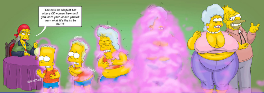 2boys 2girls abraham_simpson age_progression bart_simpson big_belly big_breasts color fat fortune_teller gender_transformation gilf grey_hair implied_incest large_breasts magic mtf_transformation obese_female old_woman overweight overweight_female rule_63 saturnxart sequence shocked_expression simple_background the_simpsons transformation transformation_sequence weight_gain wide_hips yellow_skin