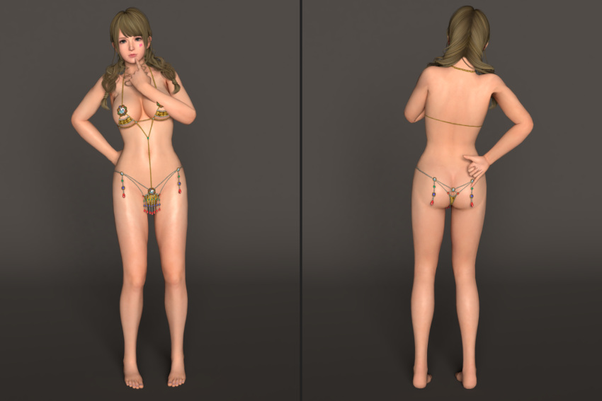 3d ass ass_cleavage butt_crack dead_or_alive dead_or_alive_xtreme_venus_vacation finger_to_lips front_and_back heart_tattoo light_brown_hair long_hair looking_at_viewer monica_(doa) one_hand_behind_ass shuubaru venus_bikini voluptuous