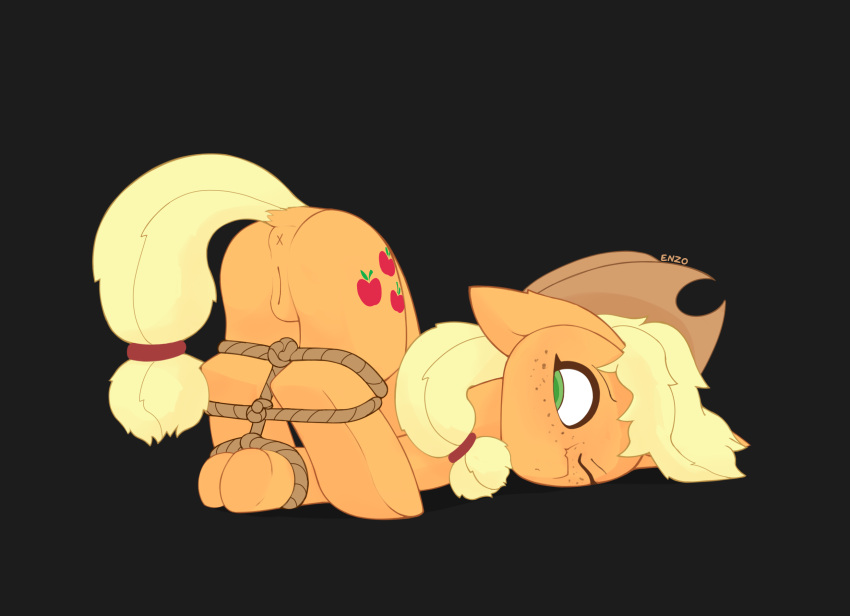 applejack_(mlp) ass ass_up bondage bondage bound enzodoesart equid equine female feral friendship_is_magic genitals hi_res horse mammal my_little_pony pony pussy rear_view rope rope_bondage solo stuck