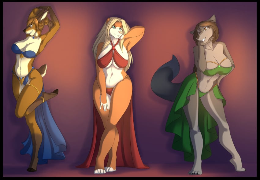 3girls animal_ears anthro anthro_only belly_dancer belly_dancer_outfit blonde_hair bocas_top brown_hair catherine_applebottom dancer dancer_outfit furry harem harem_girl harem_outfit hazel_eyes hollandworks huge_breasts light_brown_hair looking_at_viewer lunara_fenrus original posing skirt tahnee_monroe voluptuous wolf_ears wolf_girl wolf_tail ziggie13