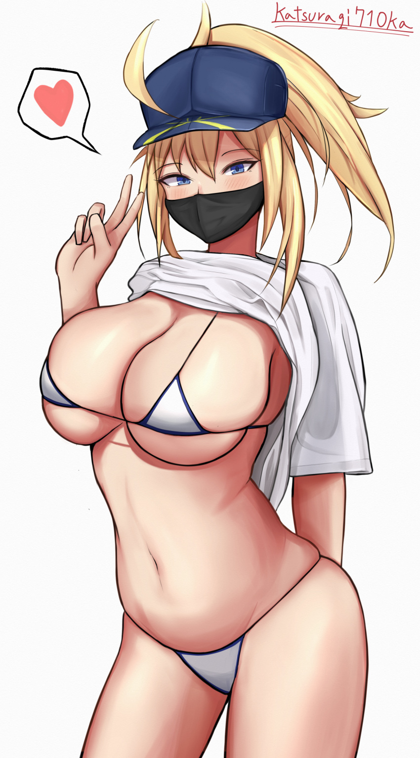 arm_behind_back artoria_pendragon belly bikini bikini_bottom bikini_top black_mask blonde_hair breasts fate/grand_order fate_(series) female female_focus female_only hat heart katsuragi710ka katsuragi_nantoka long_shit mask mouth_mask mysterious_heroine_xx_(foreigner) navel peace_sign ponytail simple_background solo solo_female solo_focus stomach t-shirt v_sign white_background white_t-shirt